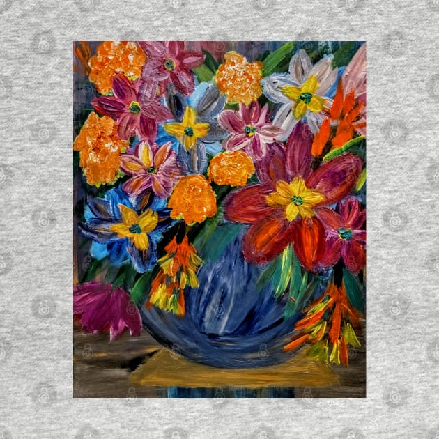 abstract vibrant colorful flowers in a glass vase with gold accent on base and top of vase by kkartwork
